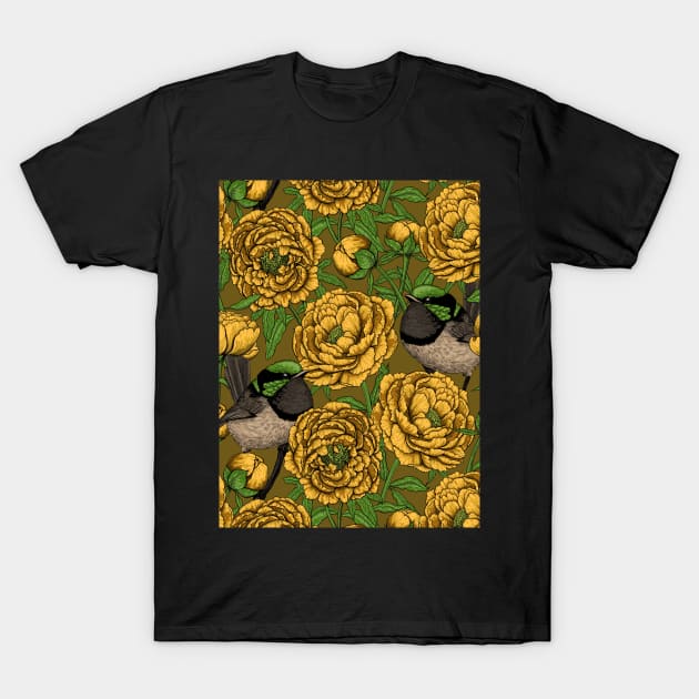 Yellow Peonies and wrens T-Shirt by katerinamk